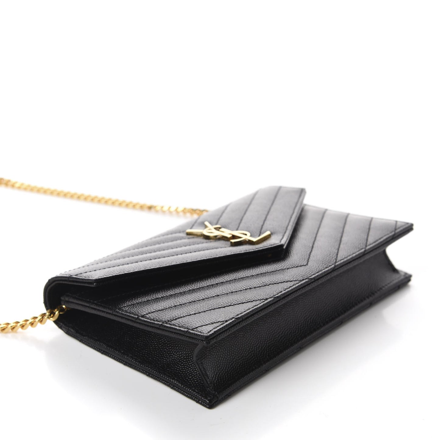Grain De Poudre Matelasse Chevron Monogram Envelope Chain Wallet Black