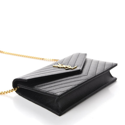 Saint Laurent Grain De Poudre Matelasse Chevron Monogram Envelope Chain Wallet Black 4 of 10