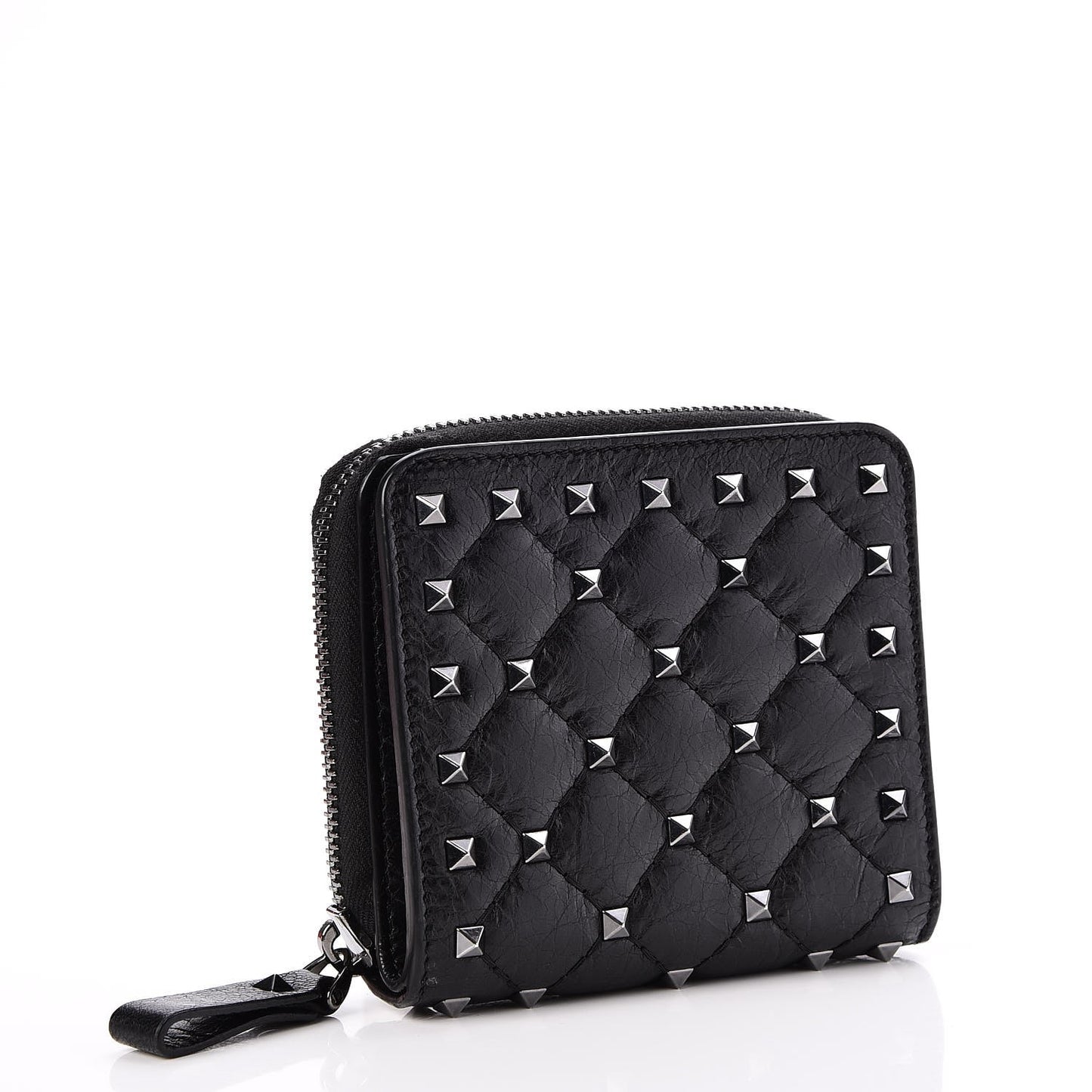 Craquele Nappa Rockstud Spike Compact Zip Around Wallet Black