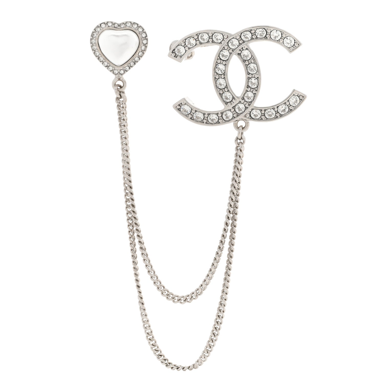 Chanel Diamente Pearl Multi Strand Chain CC Heart Brooch Silver Pearly White 1 of 4