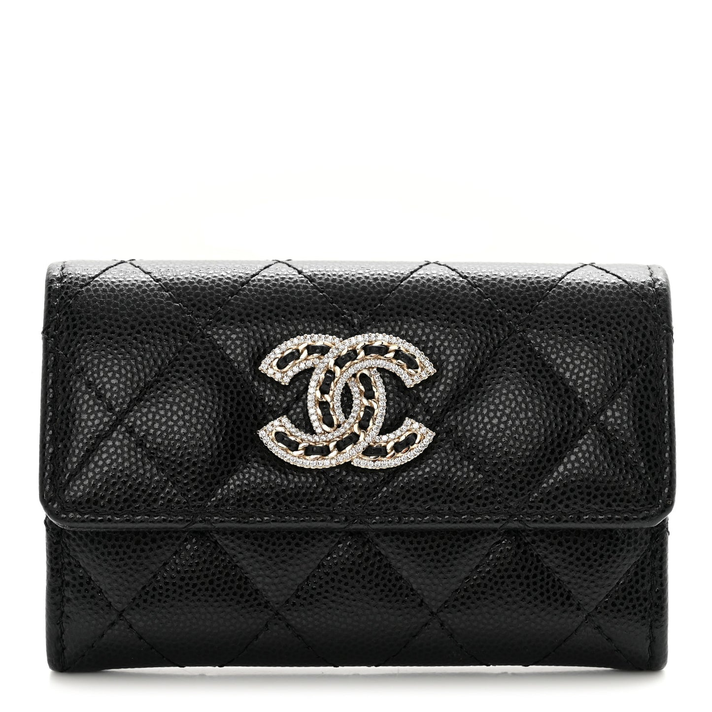 Caviar Quilted Crystal CC Flap Card Holder Black
