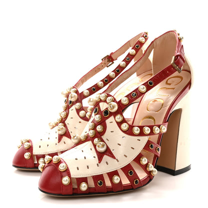 Gucci Calfskin Pearl Studded Tracey Pumps 36 Red White 4 of 9