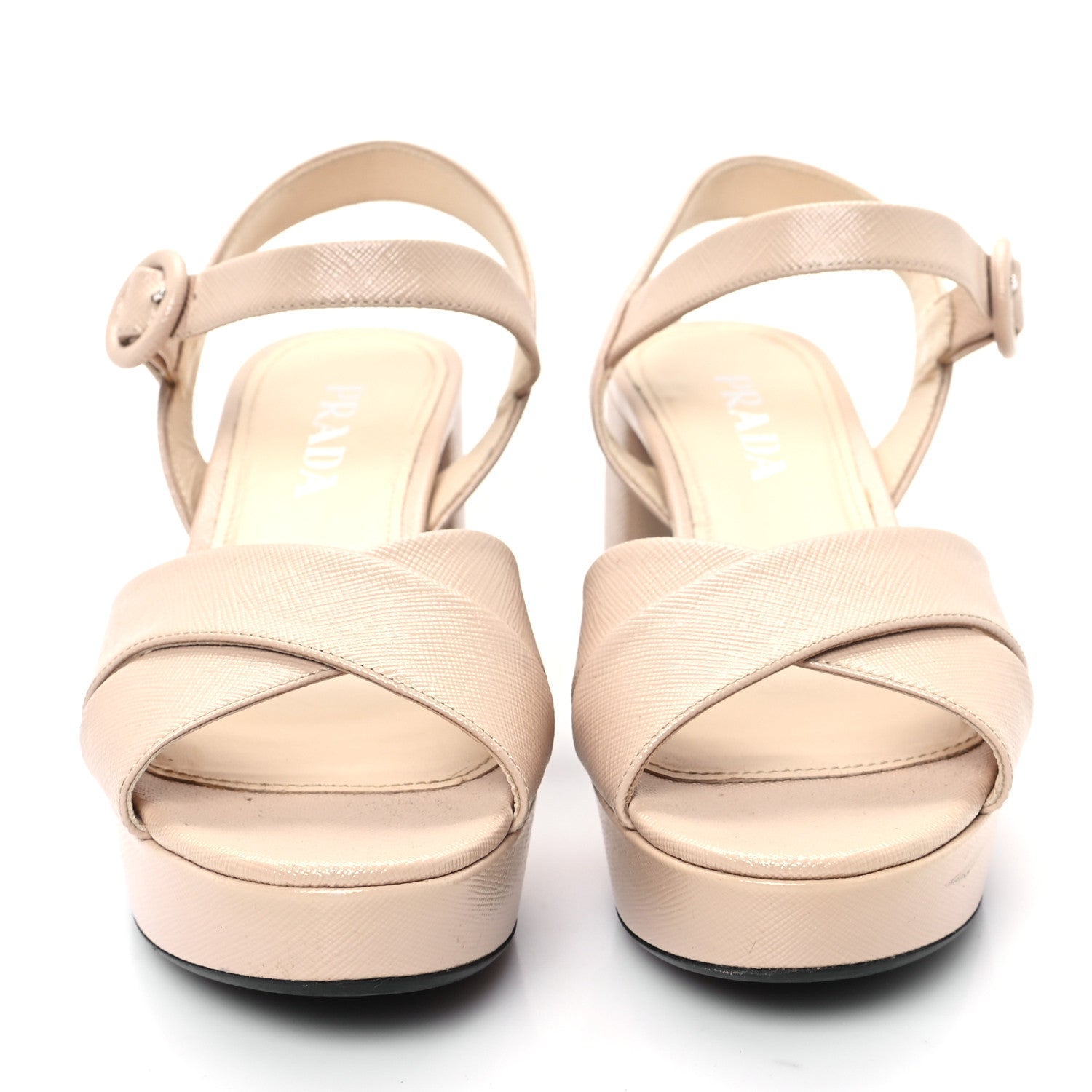 Prada Vernice Saffiano Embossed Crisscross Platform 20/65mm Sandals 38.5 Beige 3 of 10