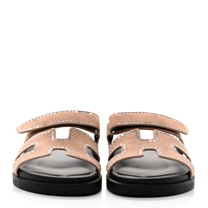 Hermes Suede Goatskin Crystal Embellished Womens Chypre Sandals 38 Rose Perle 2 of 9