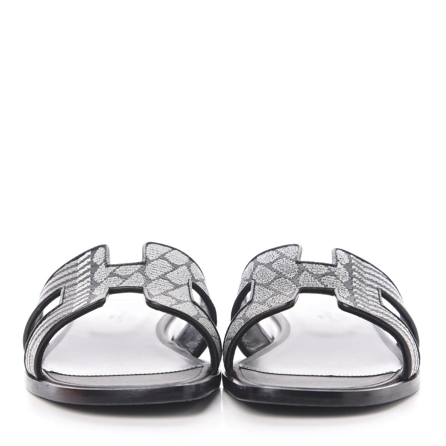 Hermes Calfskin Embroidered Oran Sandals 38.5 Black Gris Argente 2 of 8