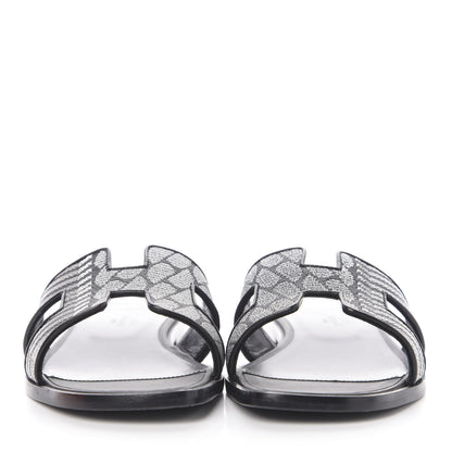 Hermes Calfskin Embroidered Oran Sandals 38.5 Black Gris Argente 2 of 8