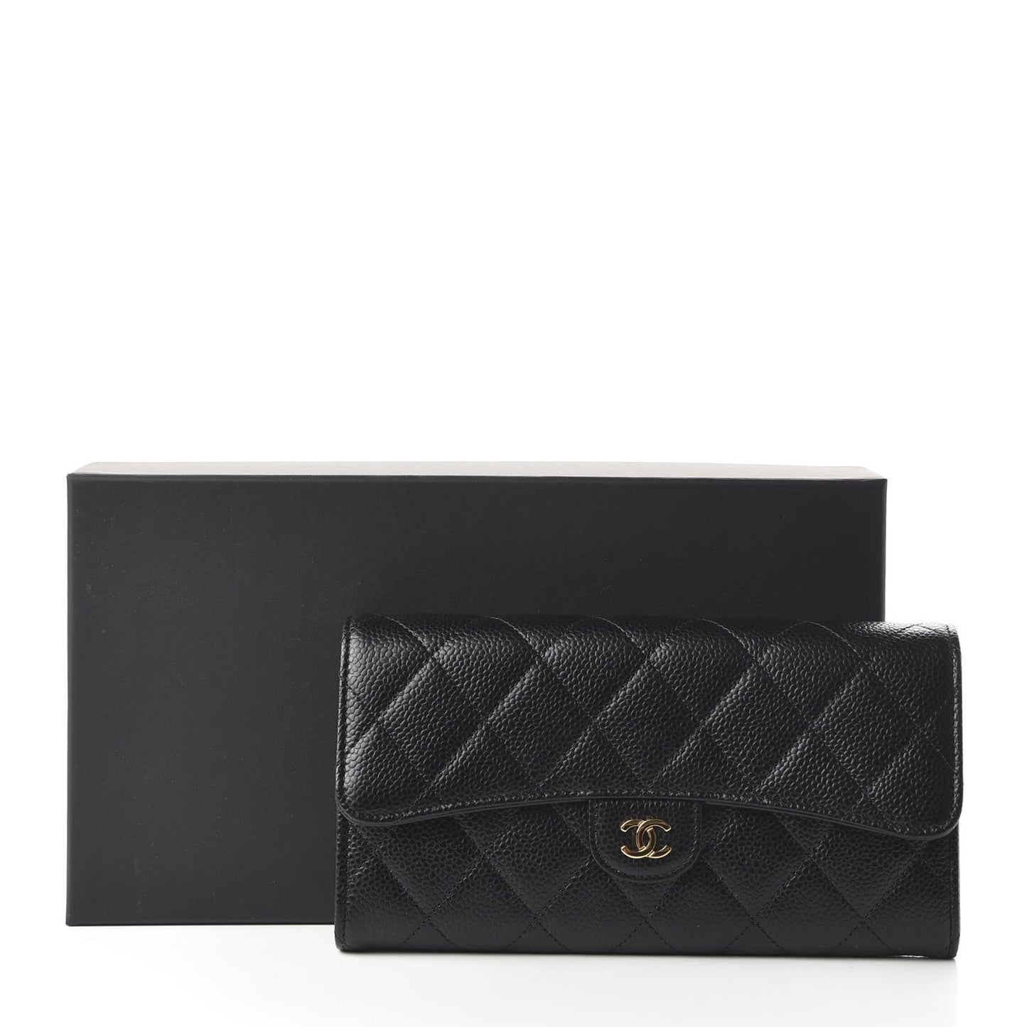Caviar Quilted Large Gusset Flap Wallet Black