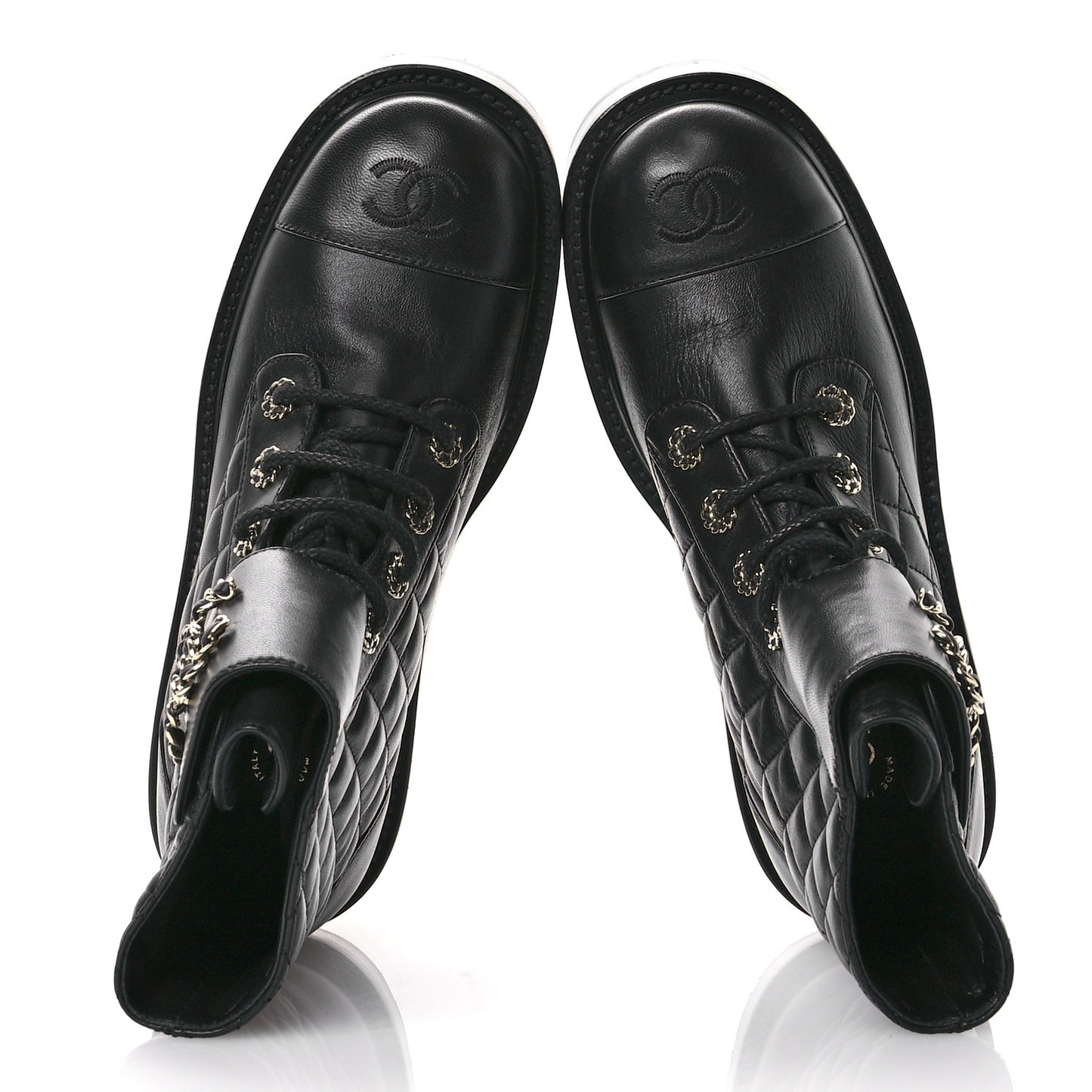 Shiny Calfskin Quilted Lace Up Combat Boots 38.5 Black