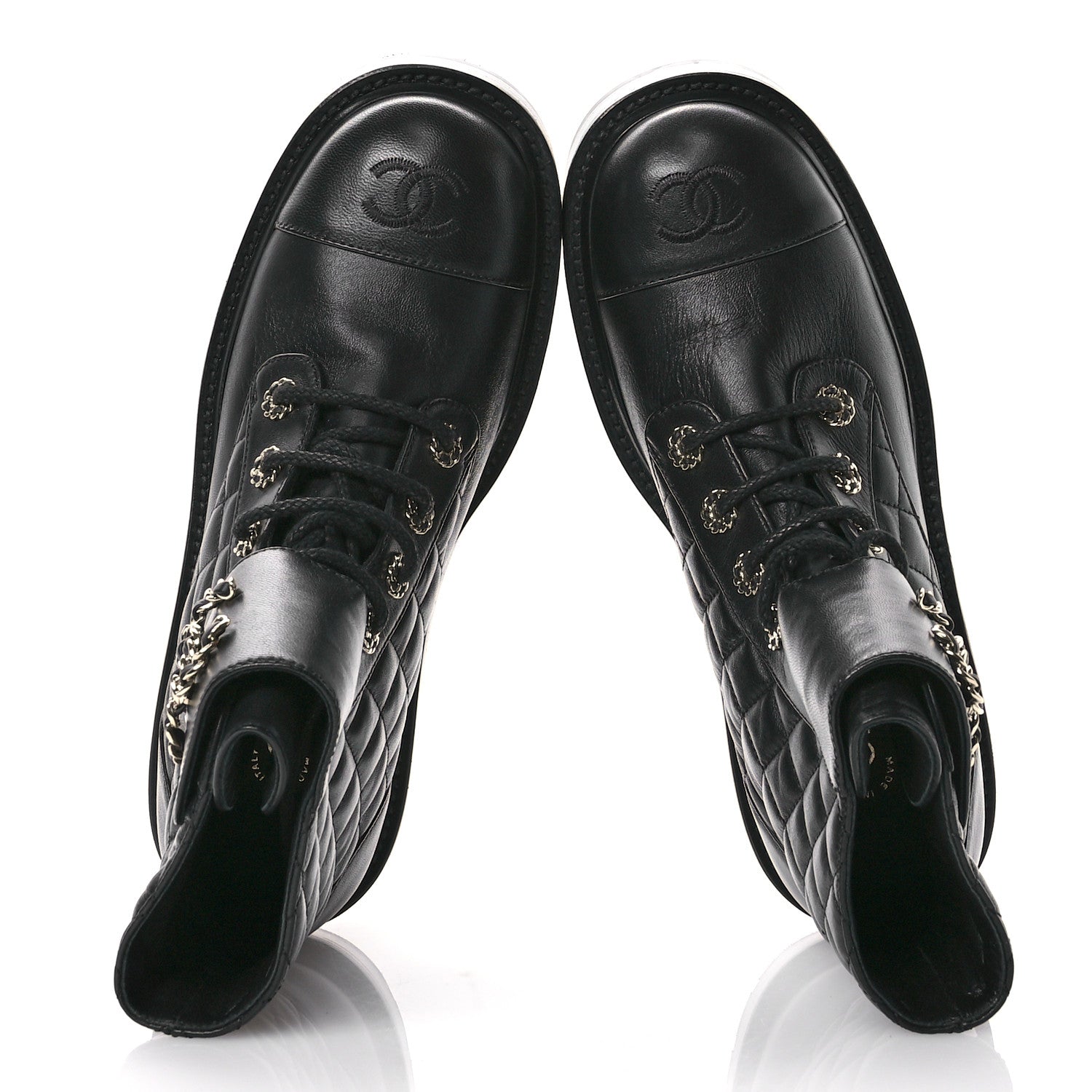 Chanel Shiny Calfskin Quilted Lace Up Combat Boots 38.5 Black 2 of 9