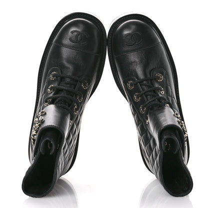 Chanel Shiny Calfskin Quilted Lace Up Combat Boots 38.5 Black 2 of 9