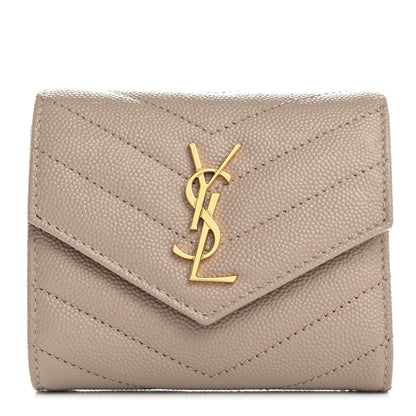 Saint Laurent Grain De Poudre Matelasse Chevron Cassandre Monogram Compact Tri Fold Wallet Dark Beige 1 of 10