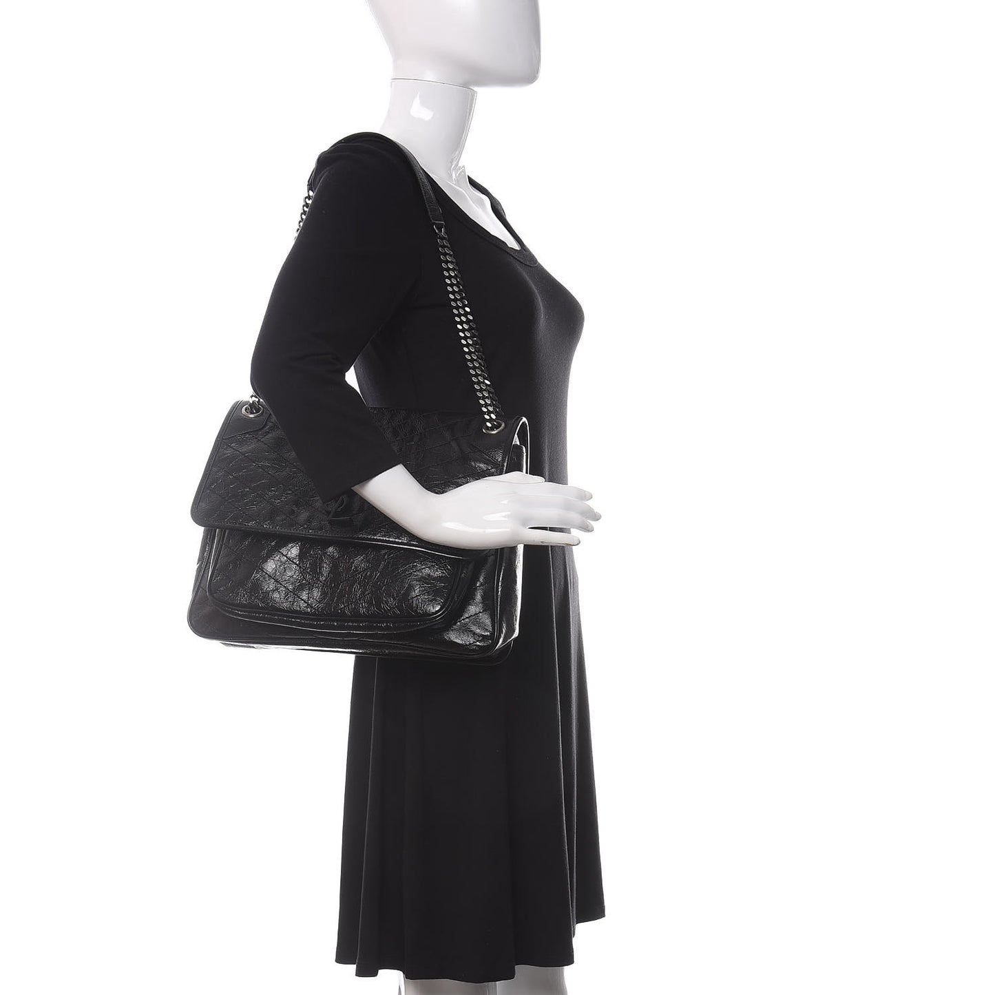 Crinkled Calfskin Matelasse Monogram Large Niki Chain Satchel Black