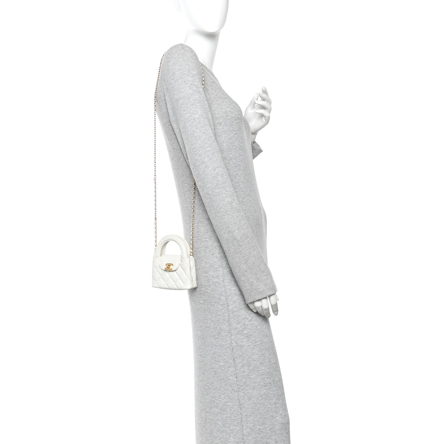 Shiny Aged Calfskin Quilted Mini Nano Kelly Shopper White