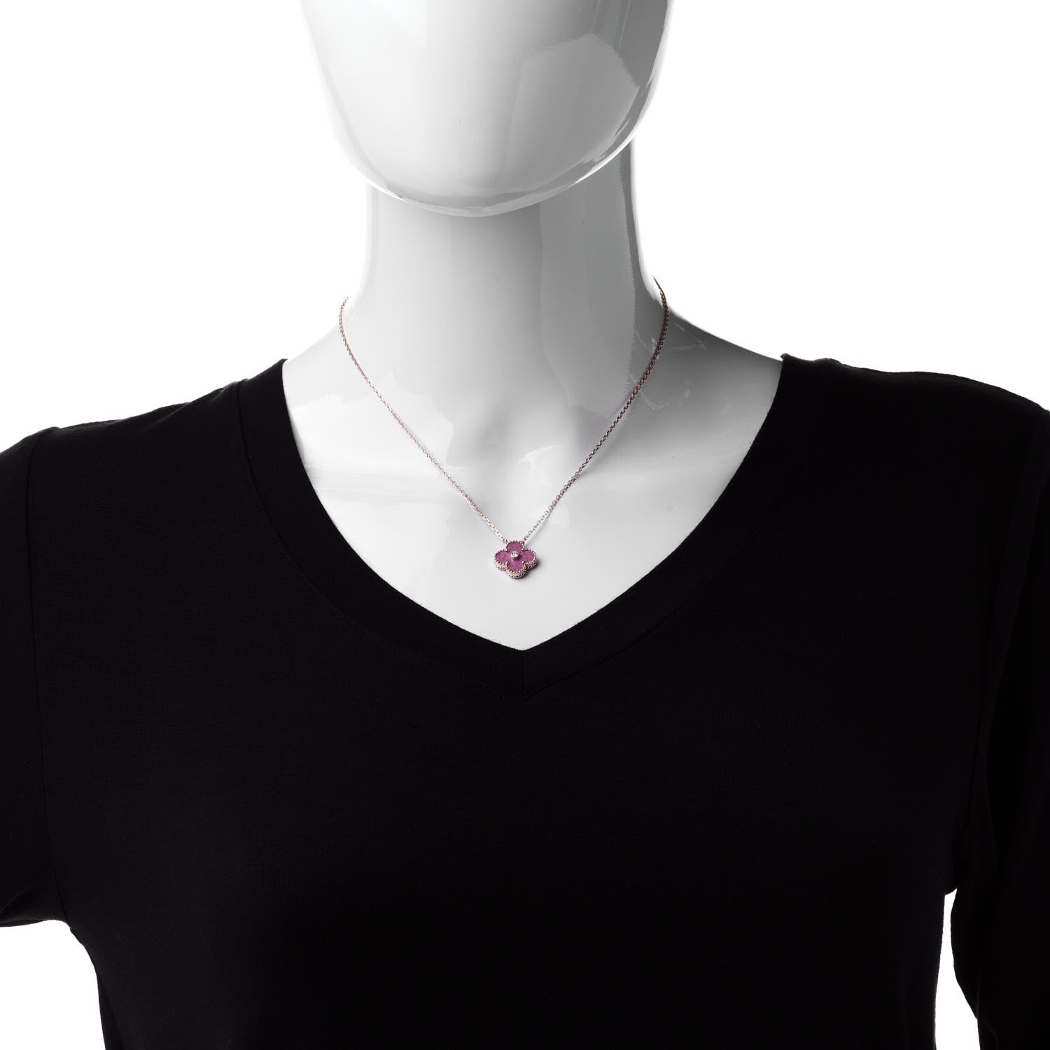 Van Cleef & Arpels 18K Rose Gold Diamond Rhodonite Vintage Alhambra Pendant Necklace 2 of 7