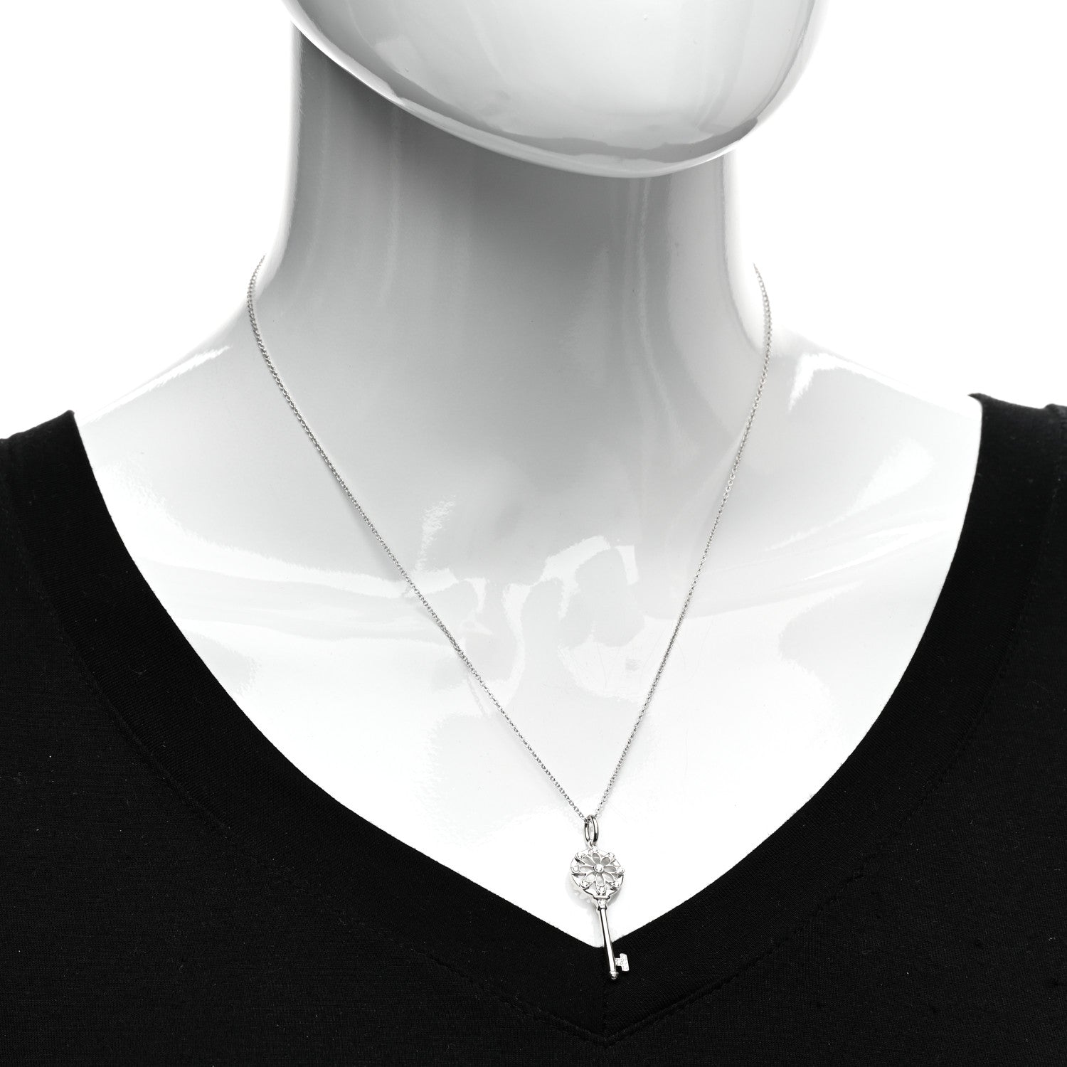 Tiffany 18K White Gold Diamond Floral Key Pendant Necklace 2 of 5