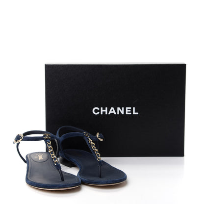 Chanel Suede Calfskin Thong Sandals 38.5 Navy Blue 10 of 10