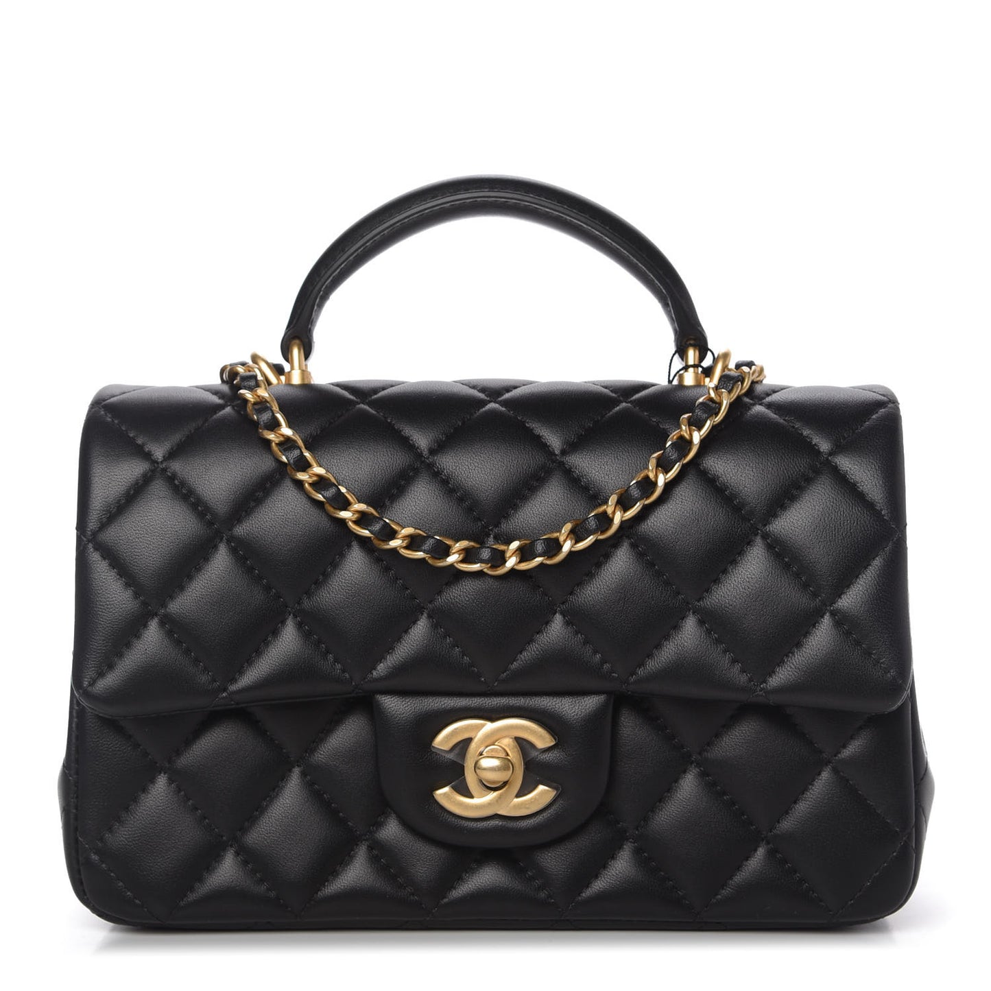 Lambskin Quilted Mini Top Handle Rectangular Flap Black