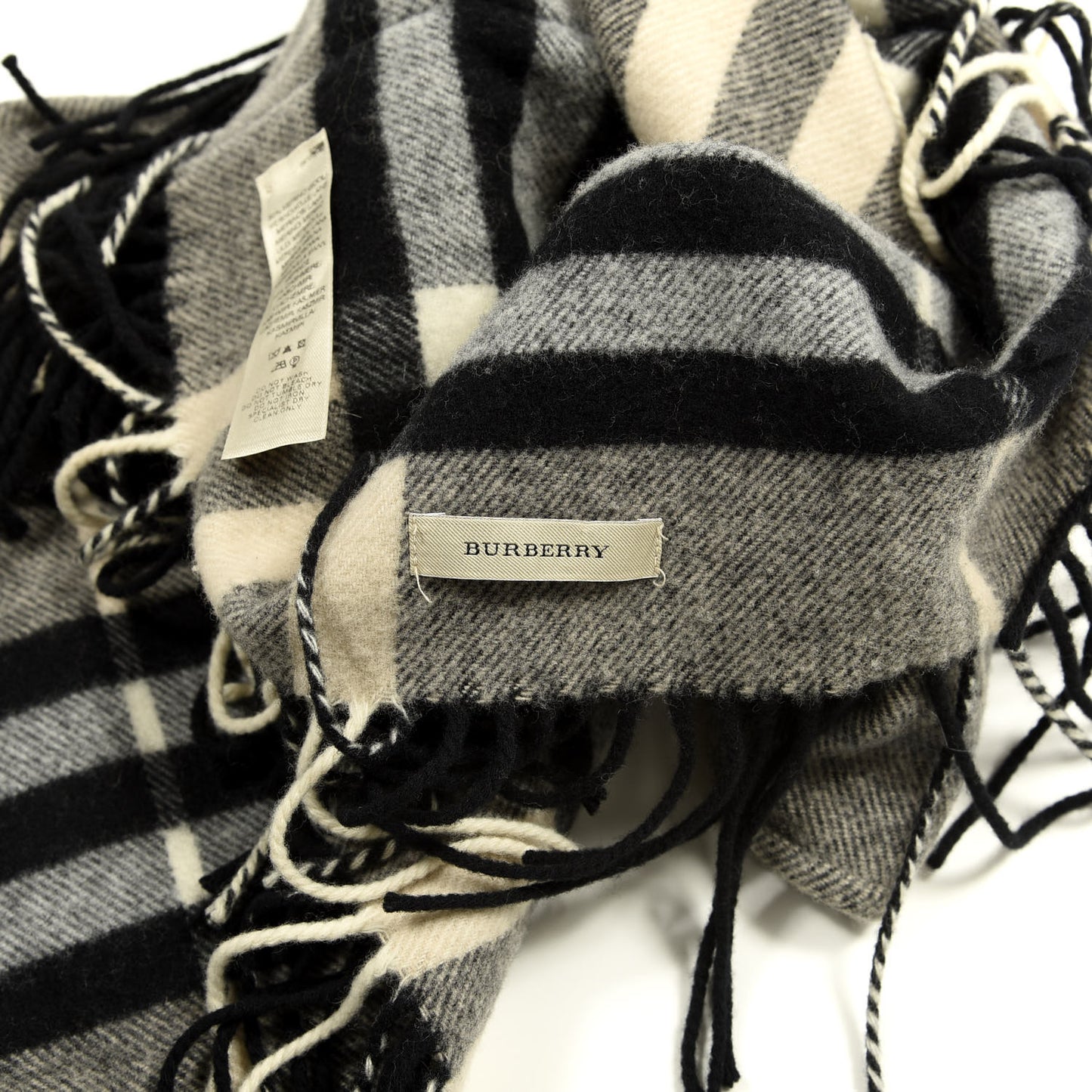 Wool Cashmere Giant Check Fringe Scarf Pale Grey