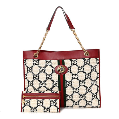 Gucci Tweed GG Monogram Large Rajah Chain Tote White Black Romantic Cherry 1 of 10