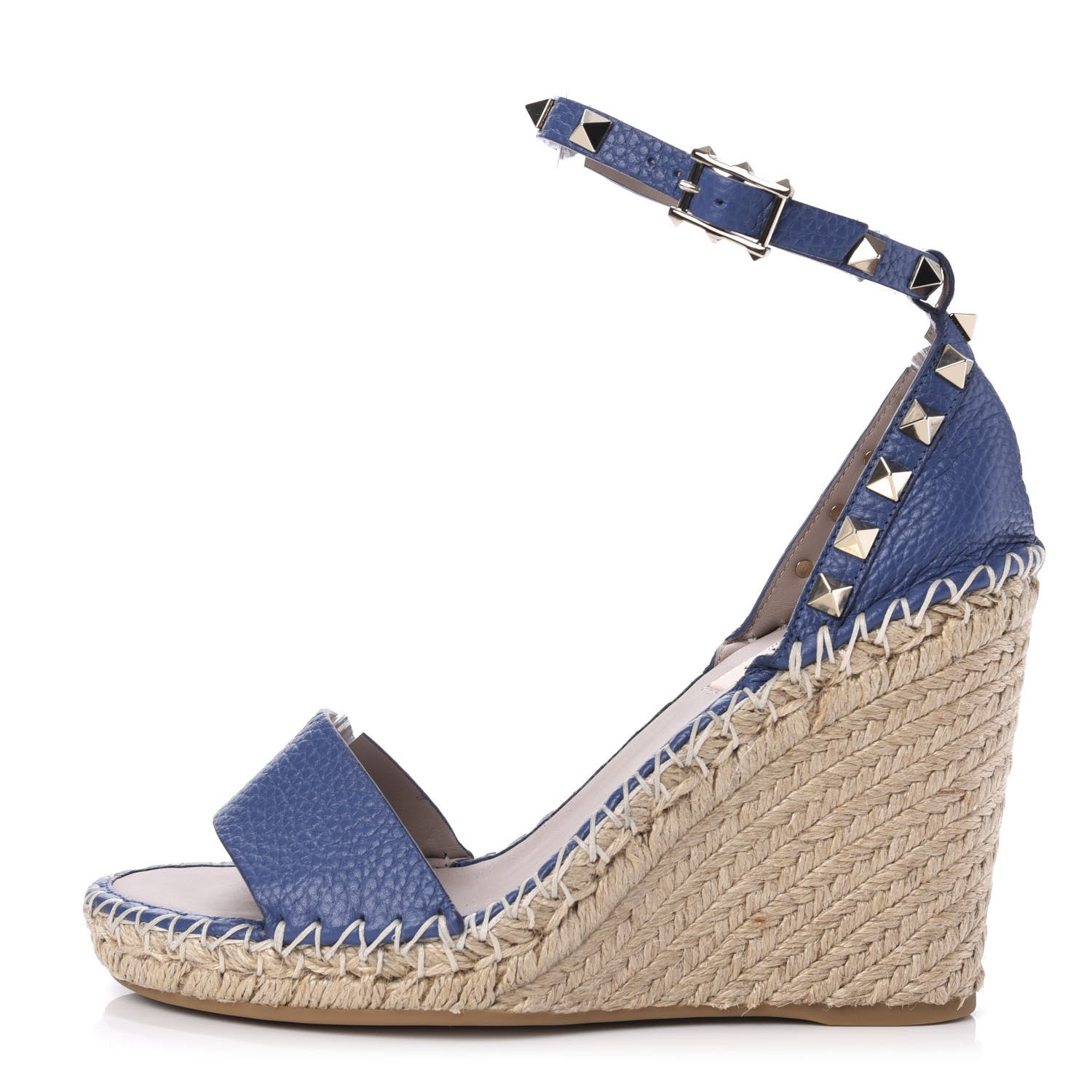 Valentino Garavani Grained Calfskin Rockstud Ankle Strap Espadrille 15/105mm Wedge Sandals 36 Baltique Natural 1 of 10