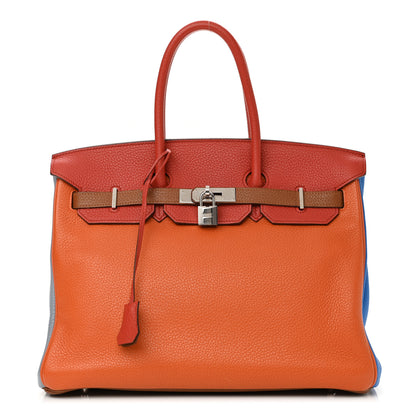 Hermes Taurillon Clemence Arlequin Birkin 35 Orange Sanguine Gold Bleu Lin Bleu Hydra Etain 1 of 11
