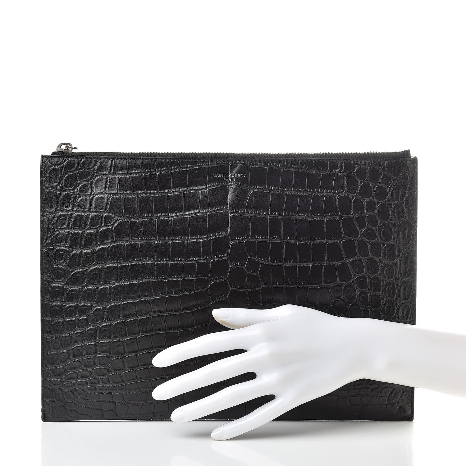 Saint Laurent Calfskin Crocodile Embossed Sac De Jour Carryall Pouch Black 2 of 7