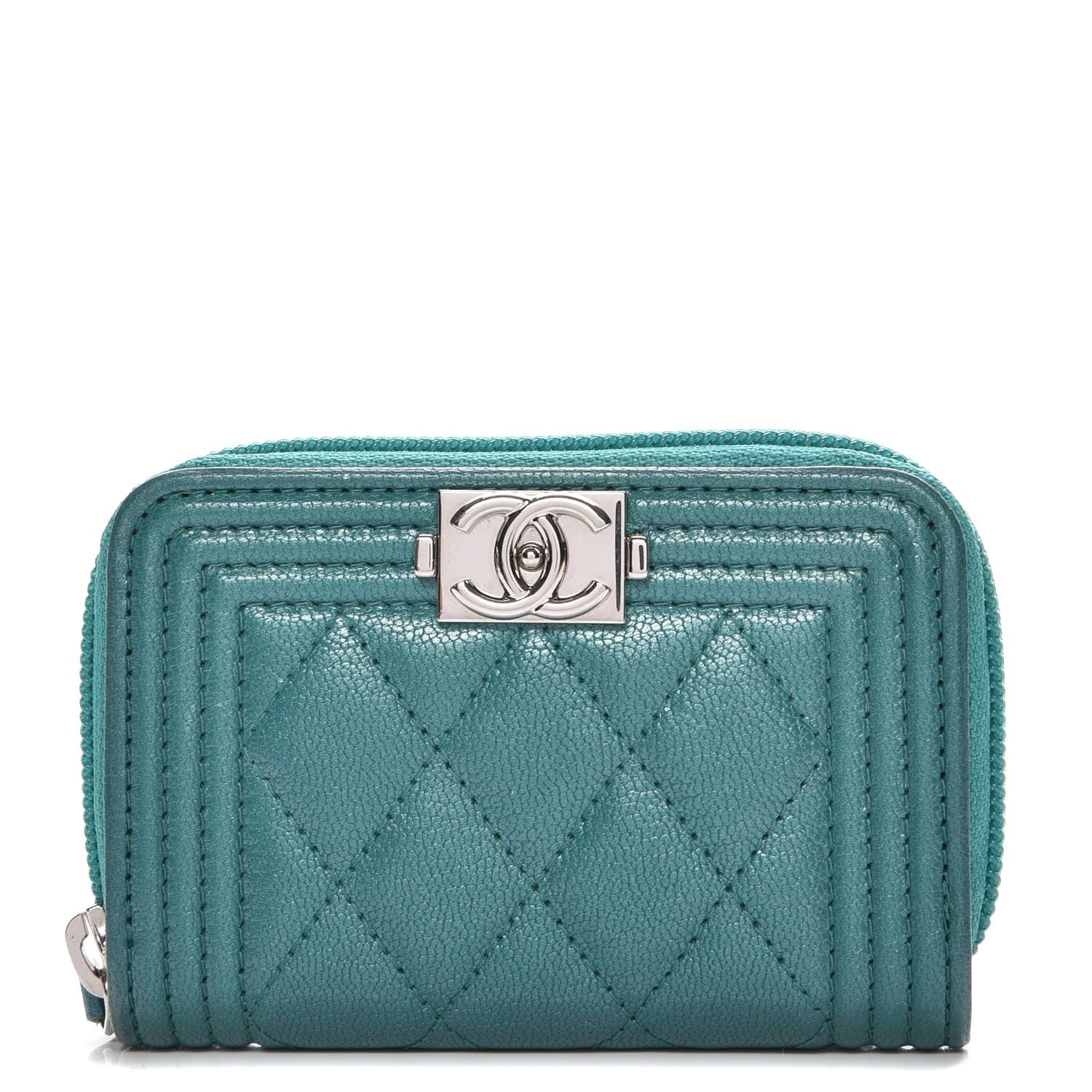 Chanel Metallic Goatskin Quilted Boy Zip Around Coin Purse Wallet Turquoise 1 of 7