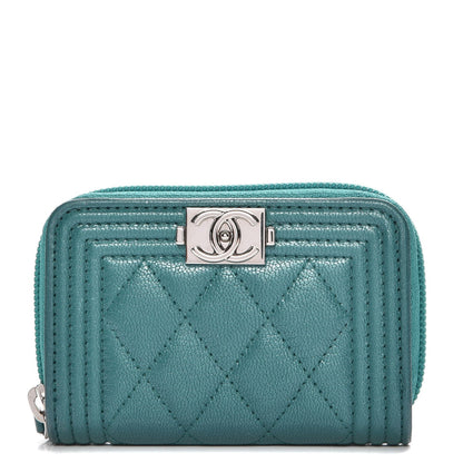 Chanel Metallic Goatskin Quilted Boy Zip Around Coin Purse Wallet Turquoise 1 of 7