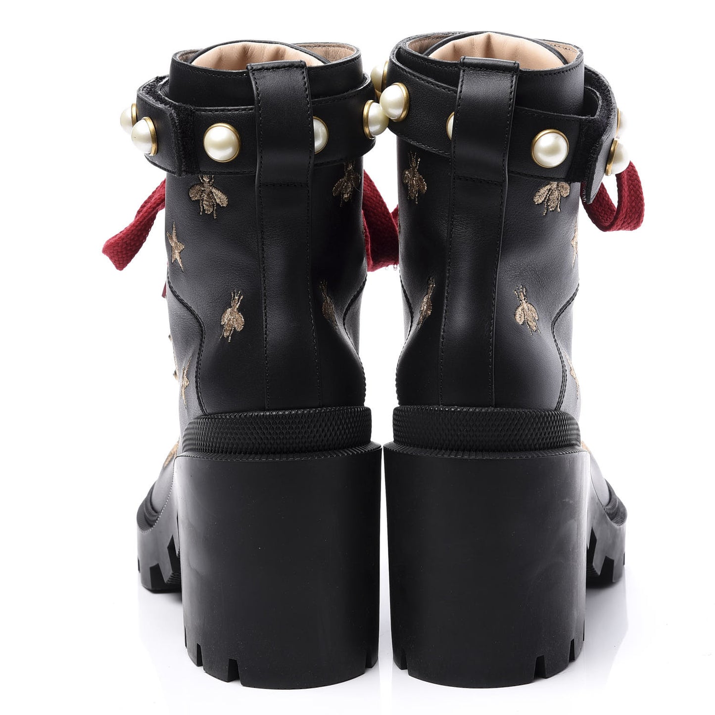 Calfskin Bee Star Embroidered Lace Up Combat Ankle Boots 37 Black