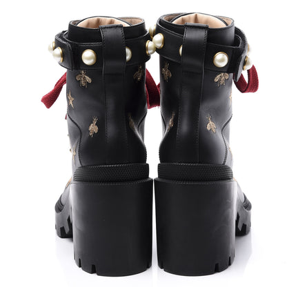 Gucci Calfskin Bee Star Embroidered Lace Up Combat Ankle Boots 37 Black 5 of 11
