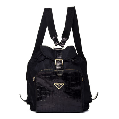 Prada Tessuto Nylon Crocodile Embossed Calfskin Cinch Backpack Black 2 of 14
