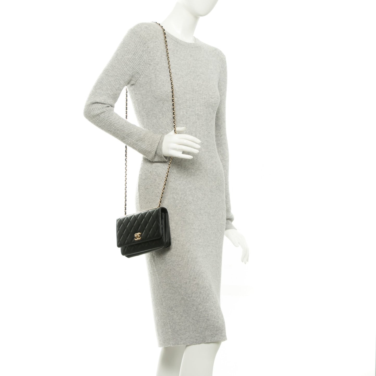 Lambskin Quilted Trendy CC Wallet On Chain WOC Black