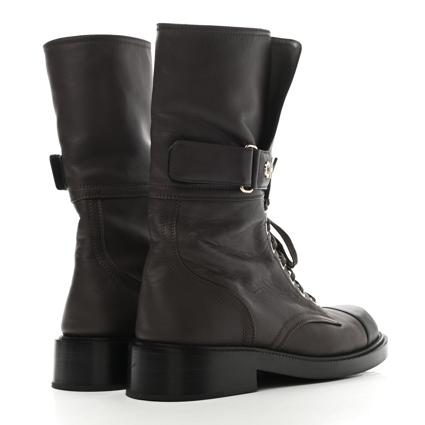 Shiny Calfskin Lace Up Combat Boots 38.5 Dark Brown Black