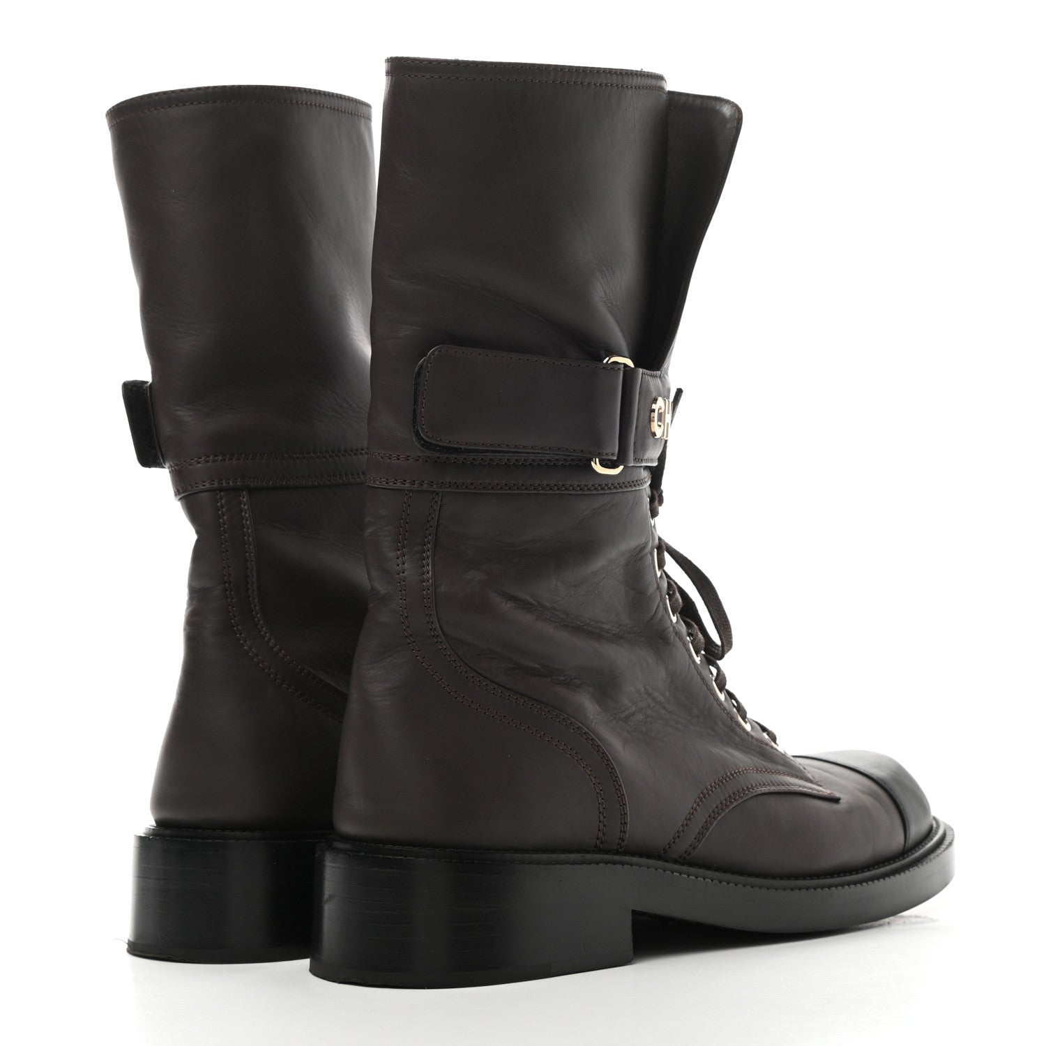 Chanel Shiny Calfskin Lace Up Combat Boots 38.5 Dark Brown Black 4 of 10