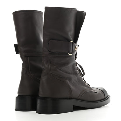 Chanel Shiny Calfskin Lace Up Combat Boots 38.5 Dark Brown Black 4 of 10