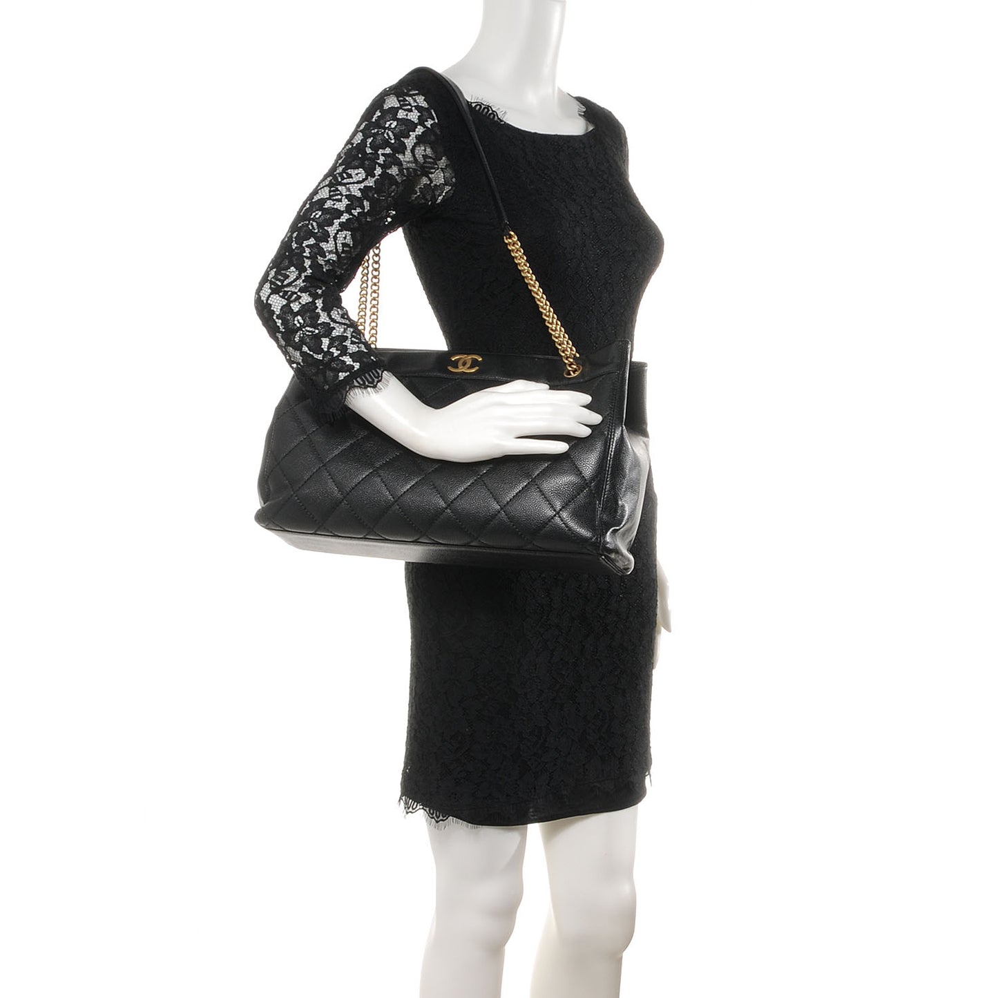 Caviar Quilted Shopping Tote Black