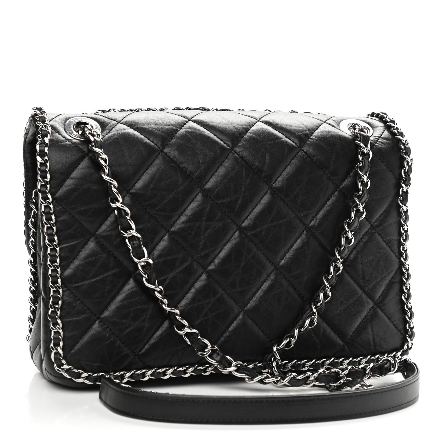Crumpled Calfskin Medium Chain All Over Flap Black
