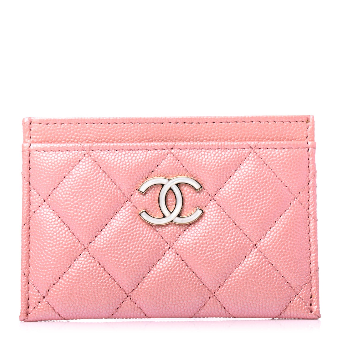 Iridescent Caviar Quilted Card Holder Rose Pink
