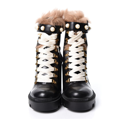 Gucci Magnum Calfskin Fur Pearl Lace Up Combat Ankle Boots 38.5 Black Naturale 2 of 11