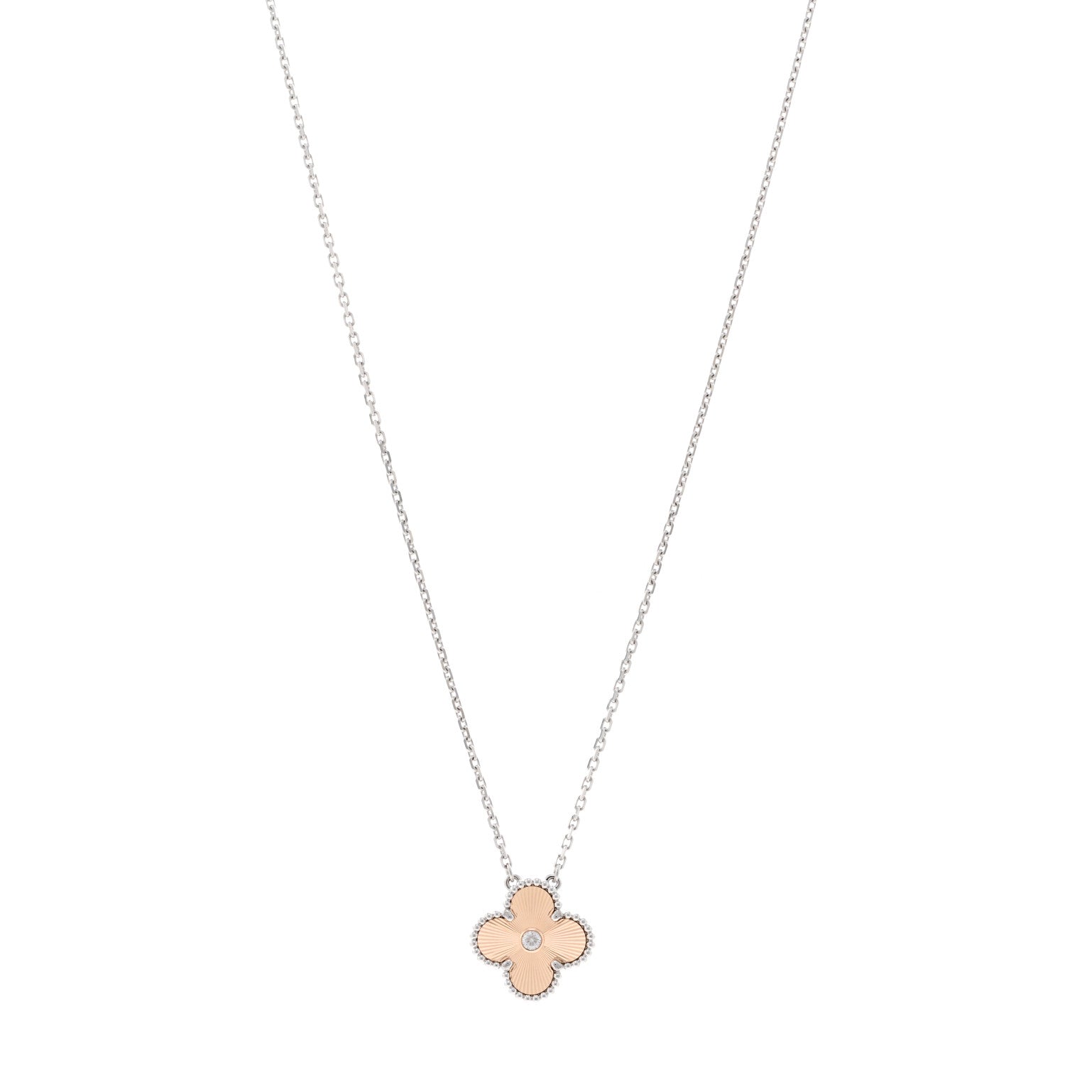 Van Cleef & Arpels 18K White Rose Gold Diamond Guilloche Vintage Alhambra Pendant Necklace 1 of 5