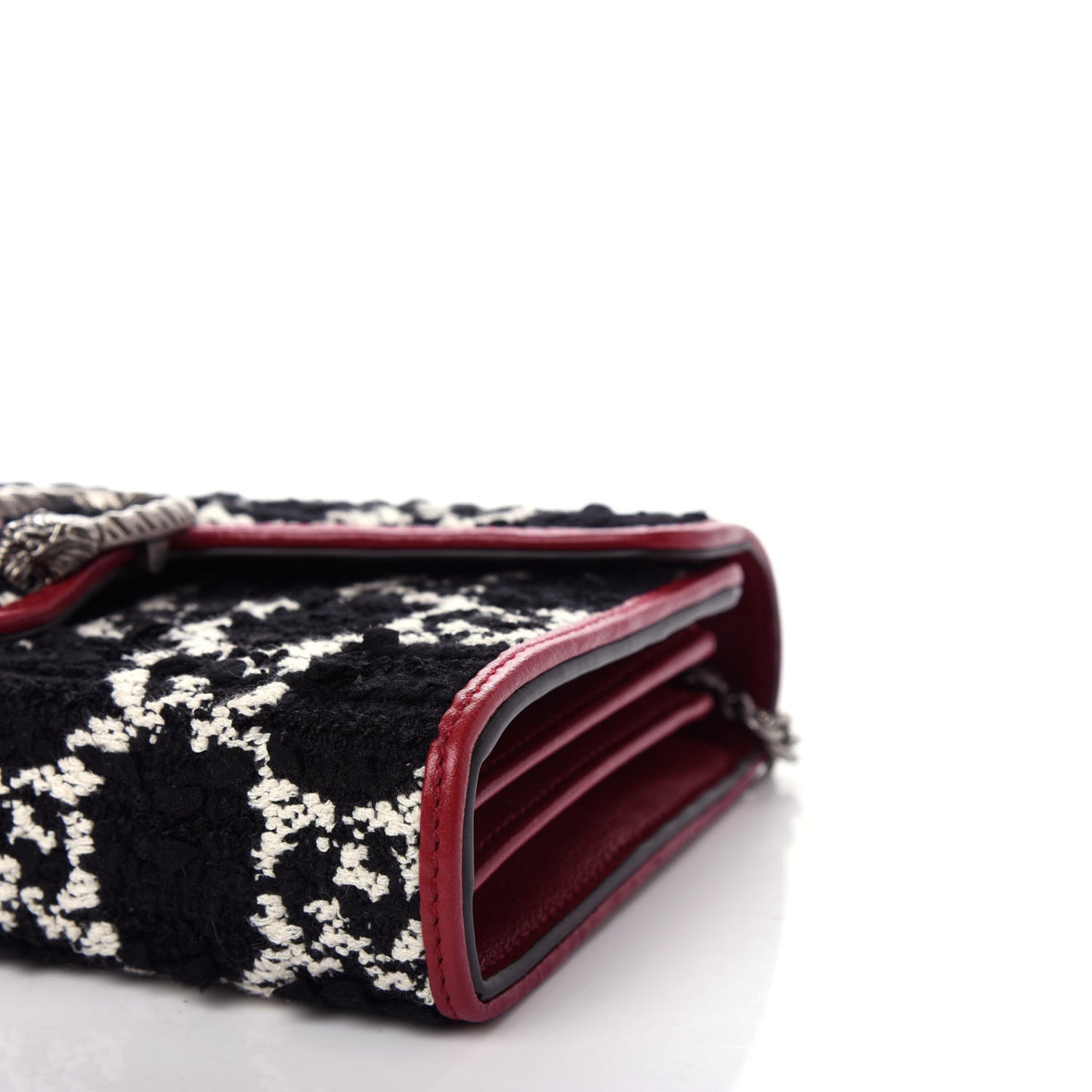 Tweed GG Monogram Mini Dionysus Chain Wallet Black White Romantic Cherry