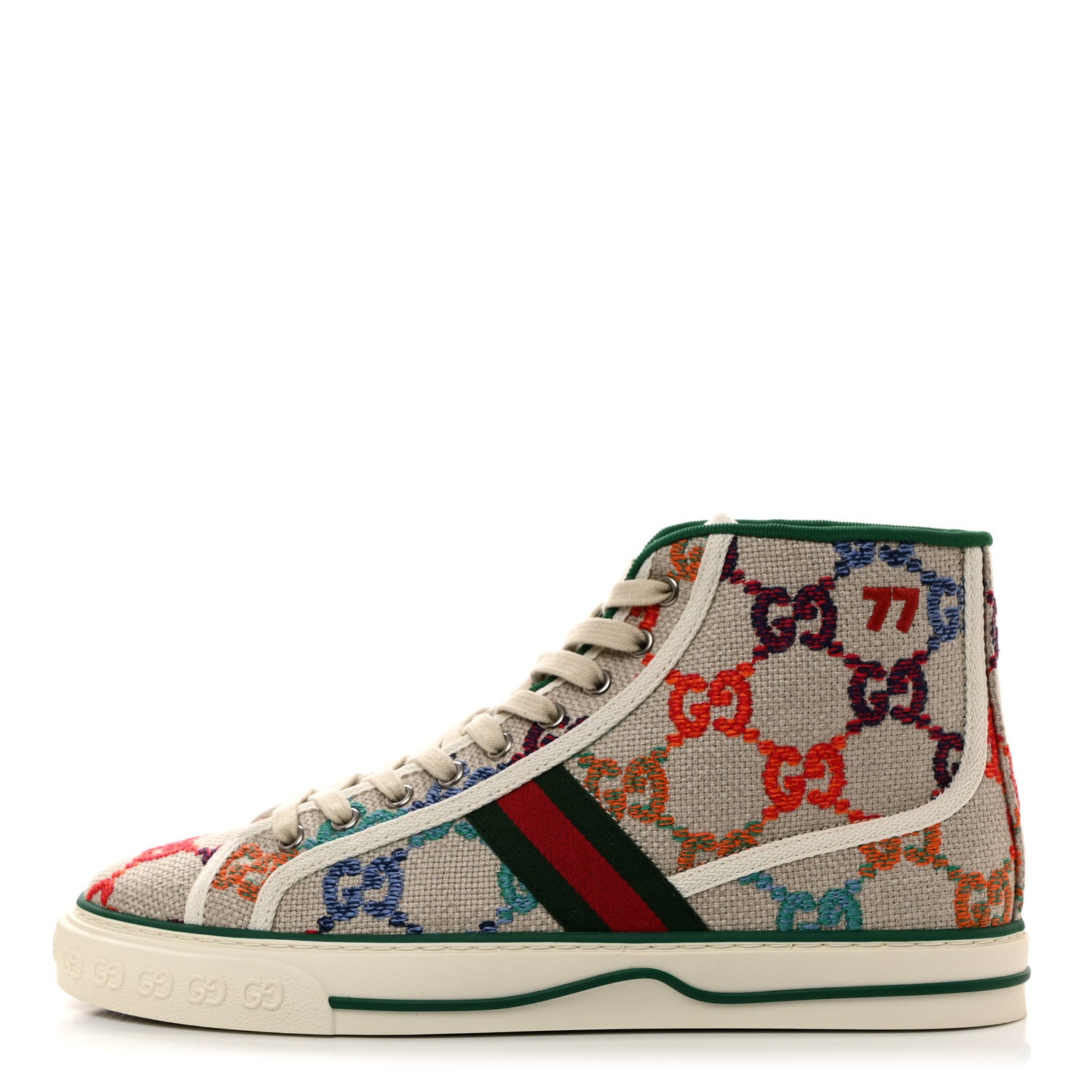 Gucci Linen Psychedelic Mini GG Monogram Mens 1977 Tennis High Top Sneakers 8 Multicolor Mystic White 1 of 7
