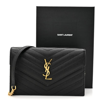 Saint Laurent Grain De Poudre Matelasse Chevron Monogram Envelope Chain Wallet Black 10 of 10
