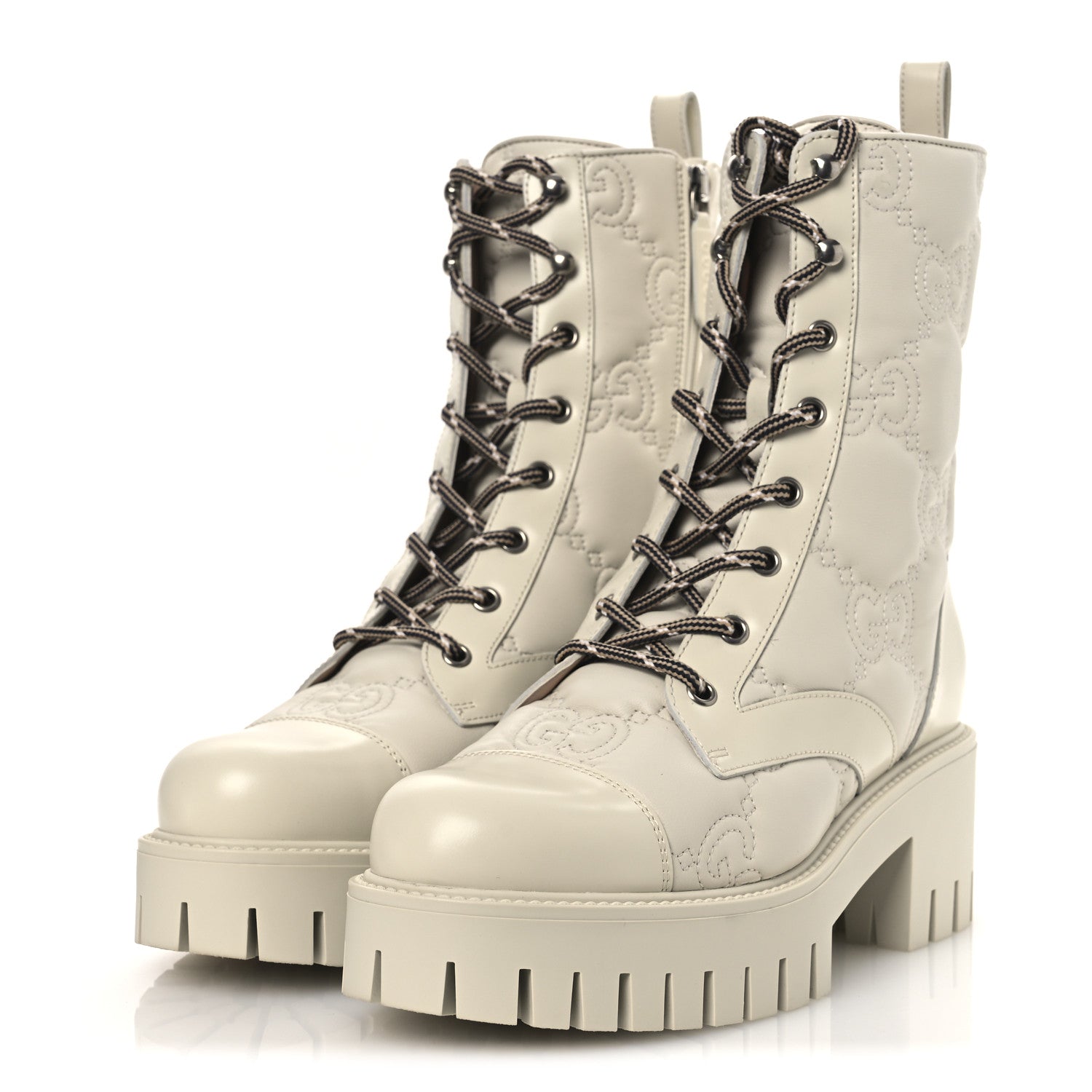 Gucci Cordovan Lux Nappa GG Matelasse Lace Up 60mm Combat Boots 38.5 Milk White 4 of 12