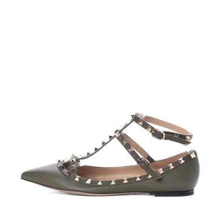 Valentino Garavani Pebbled Calfskin Rockstud Cage Ballerina Flats 39.5 Army Green 1 of 7