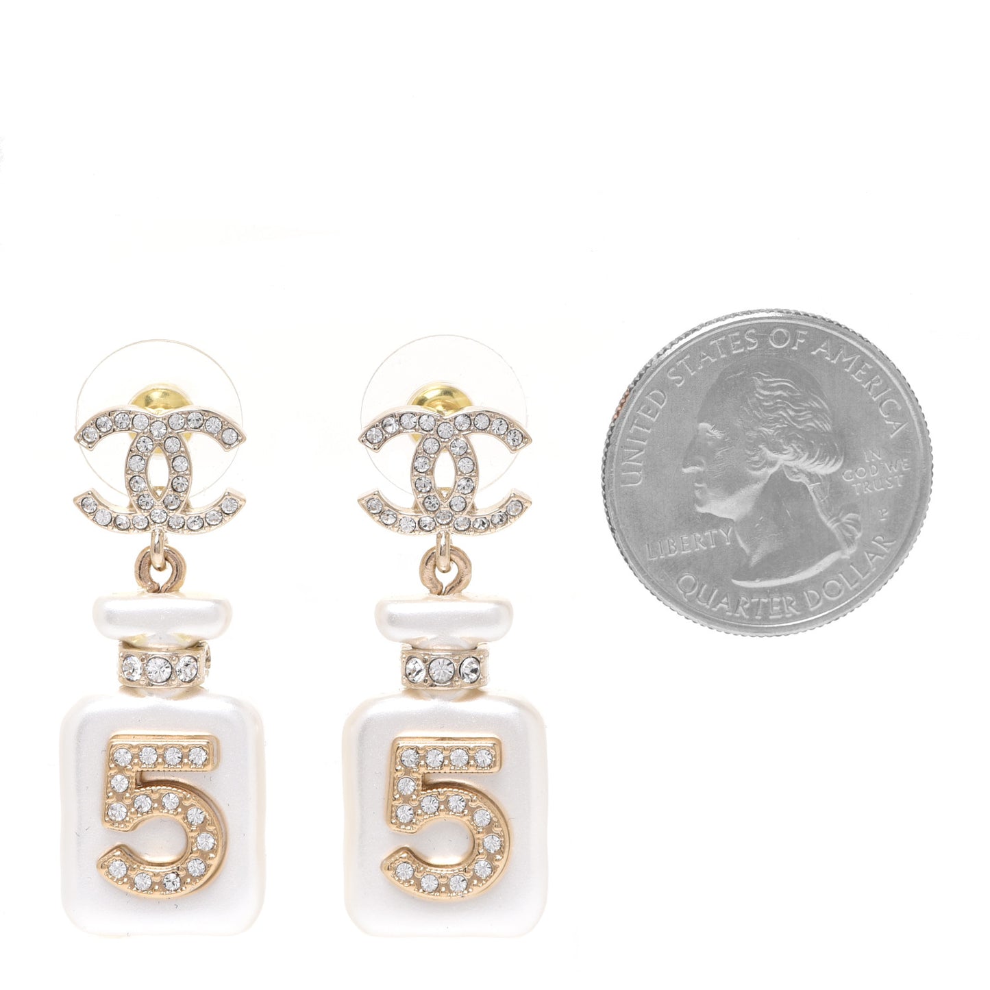 Pearl Resin Crystal CC No 5 Perfume Bottle Drop Earrings Gold Pearly White