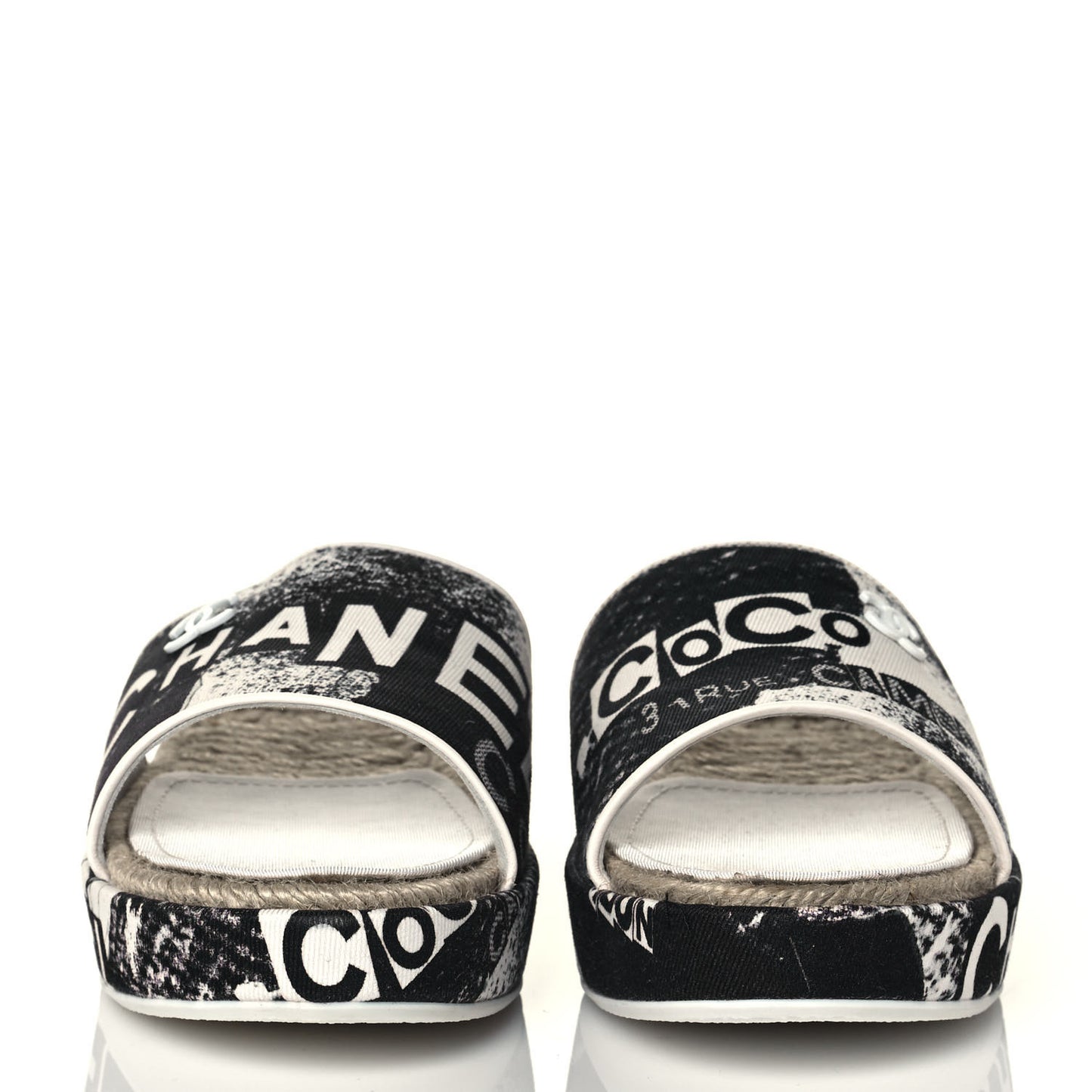 Fabric Grosgrain Printed CC Espadrille Slip On Sandals 40 White Black