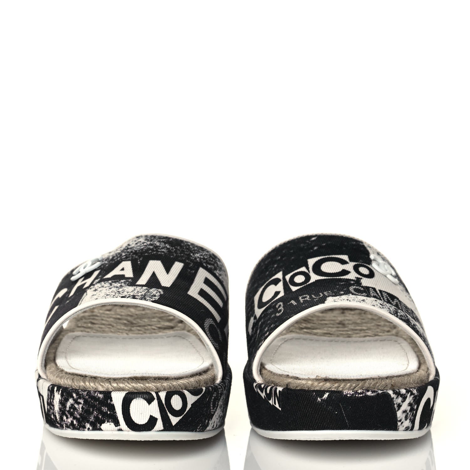 Chanel Fabric Grosgrain Printed CC Espadrille Slip On Sandals 40 White Black 2 of 9