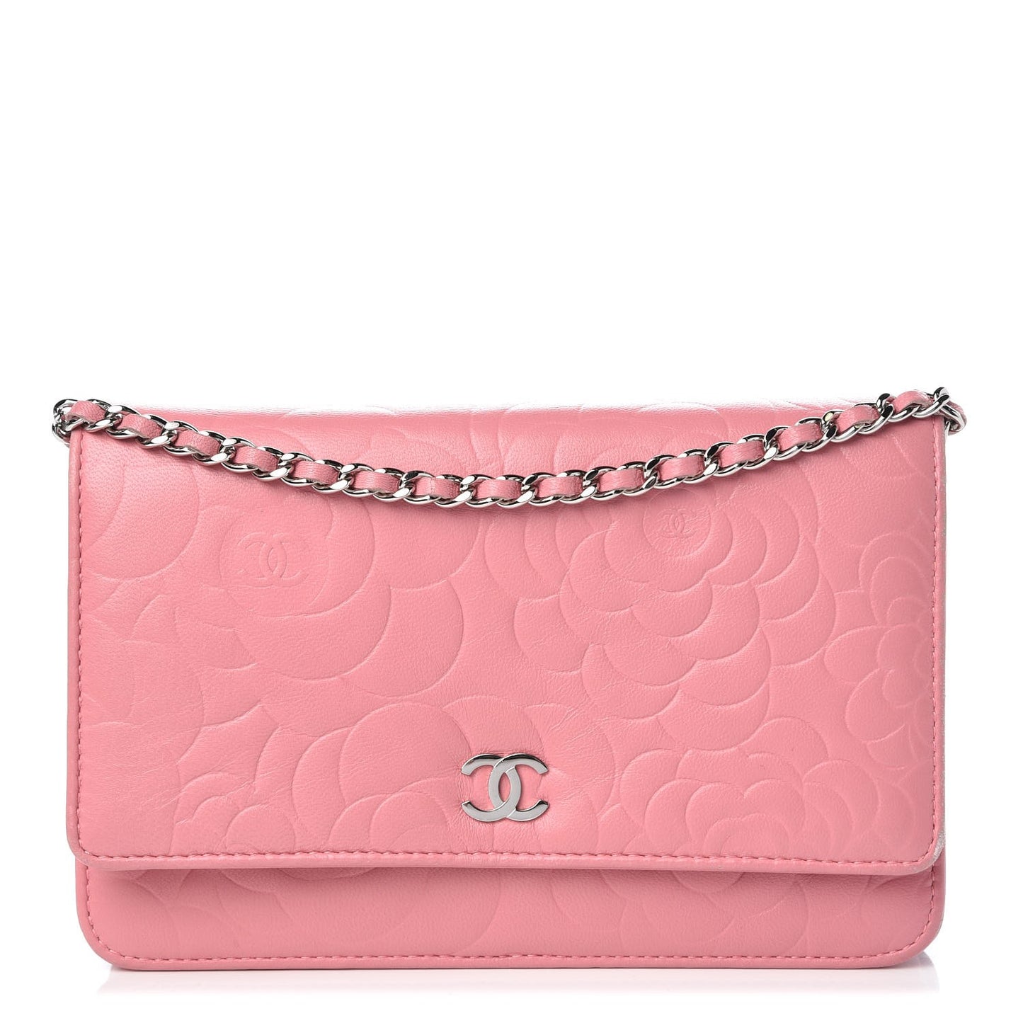 Lambskin Camellia Embossed Wallet On Chain WOC Pink