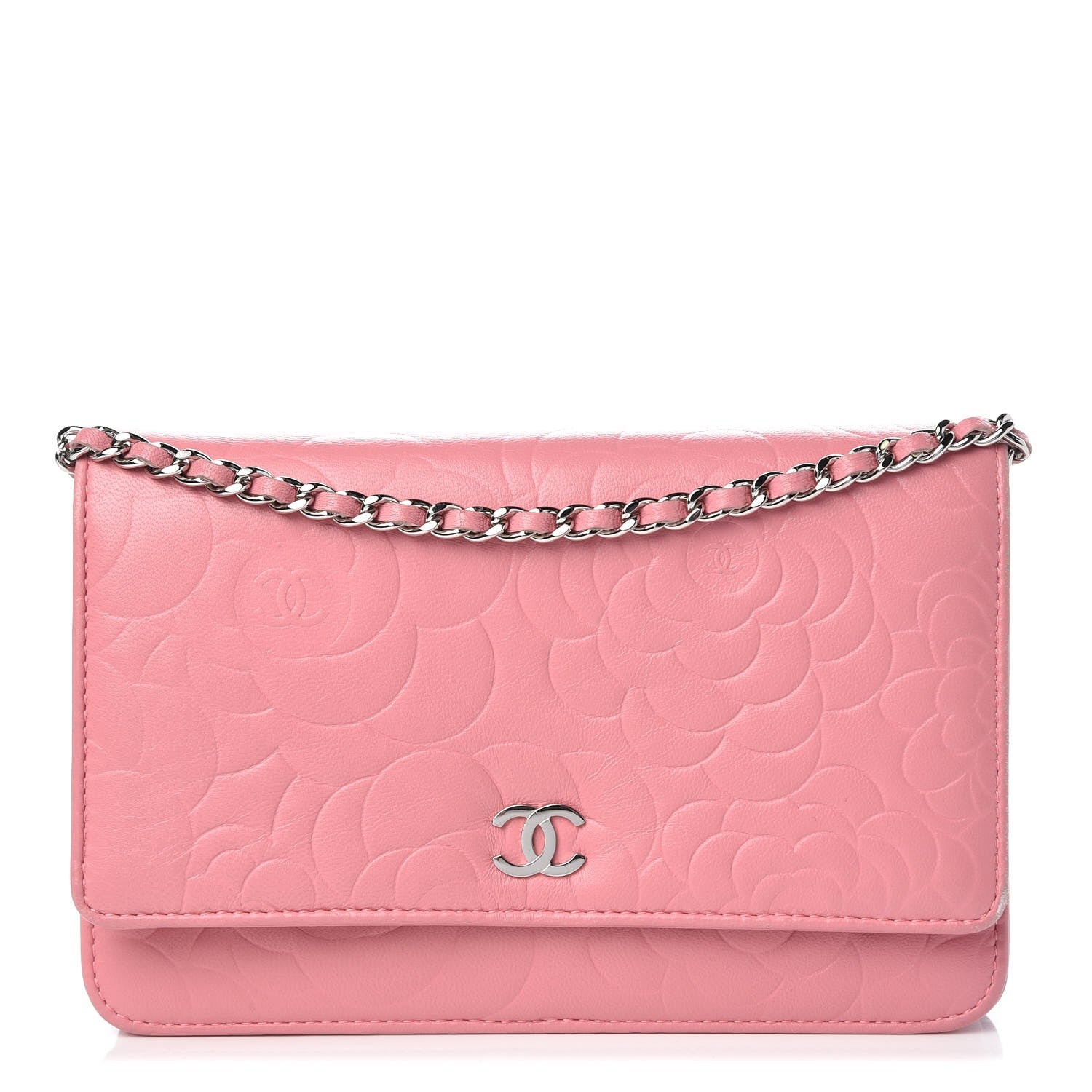 Chanel Lambskin Camellia Embossed Wallet On Chain WOC Pink 1 of 13
